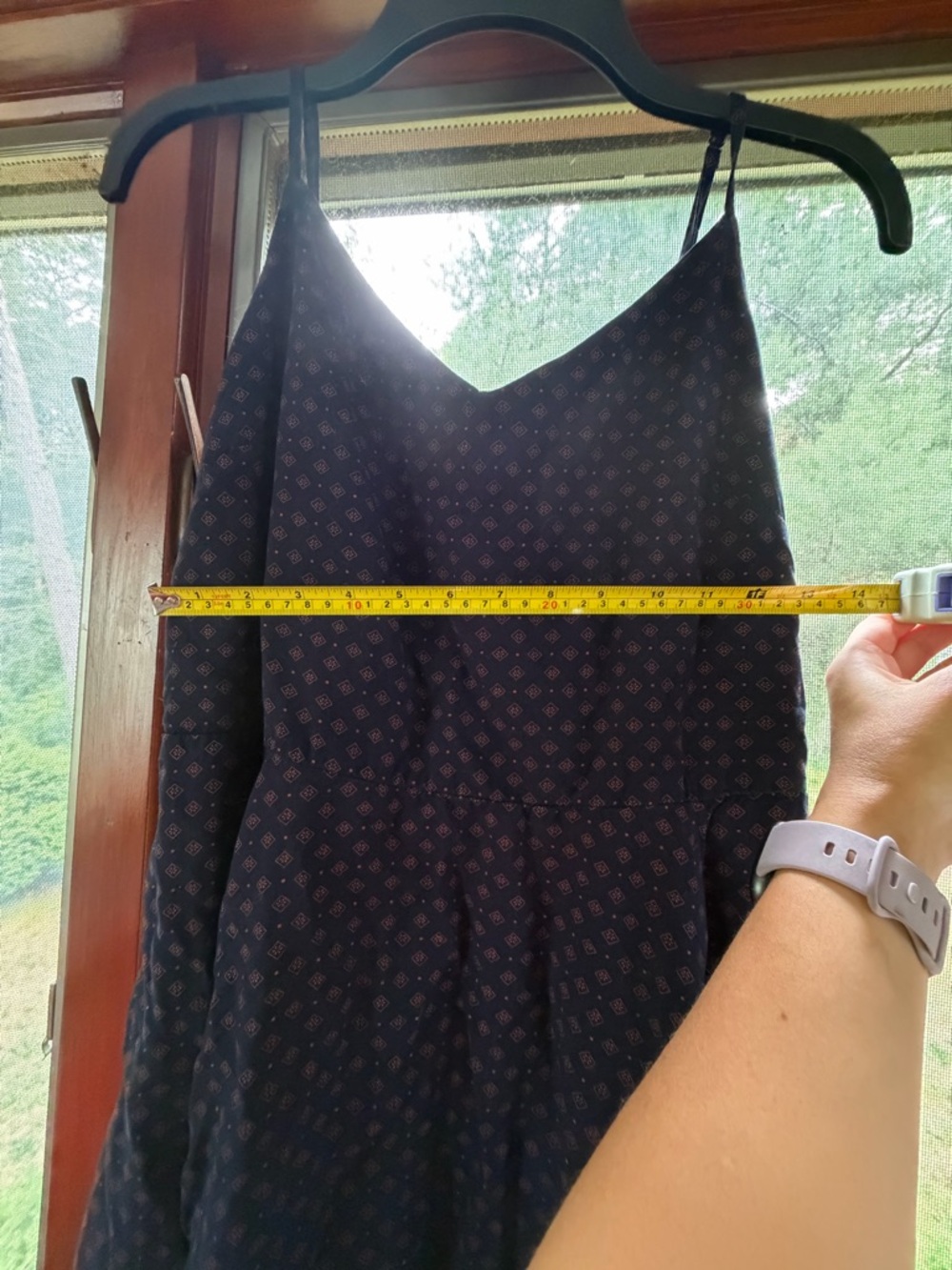 Navy Sleeveless Spaghetti Strap Dress with Small Pink Geometric Print
